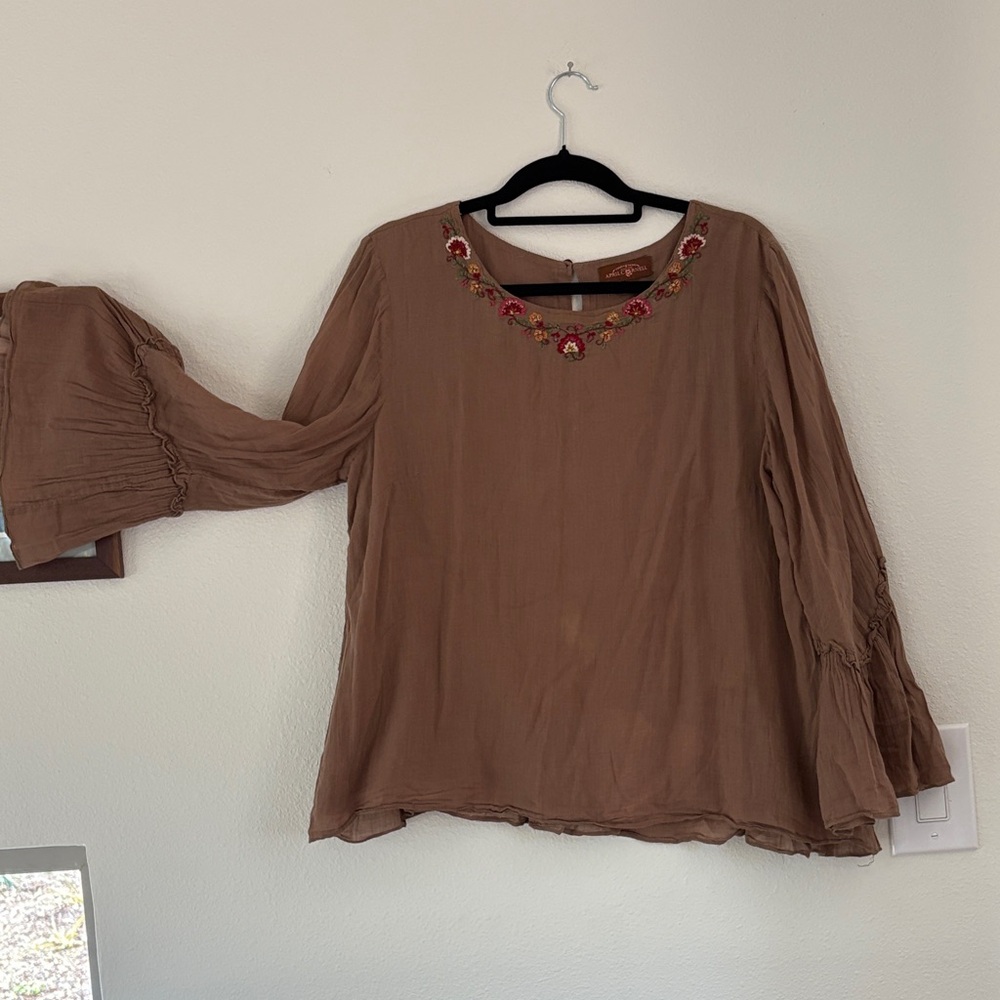 April Cornell Brown Blouse with Floral Embroidery